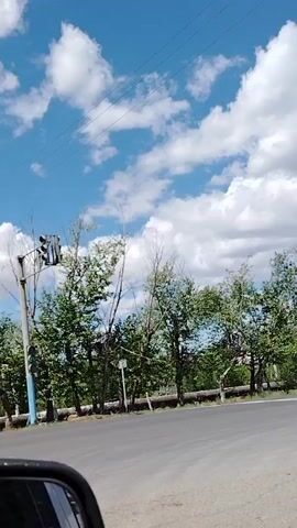 The video shows a view from a car looking out at a street scene. On the left, a traffic light pole with a red light is visible. Trees line the street, with some bare branches. In the distance, more trees and buildings are seen. The sky is blue with white, fluffy clouds. The road in front of the car appears to be asphalt. The video captures a moving perspective, suggesting the car is in motion.