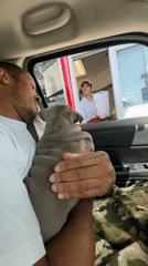Man holds gray puppy at Los Angeles drive-through