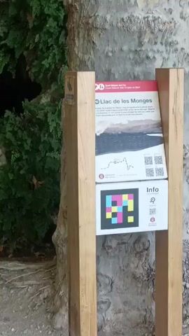 The video shows a natural setting with vegetation and rock formations. In the foreground, there is a wooden post with an informational sign attached. The sign appears to be in Catalan and includes text such as "Llac de les Monges" and a QR code. Further into the scene, there is a dark opening in a rocky cliff face, partially obscured by lush green ferns and other foliage. The ground is a mixture of dirt and gravel. There are some large rocks, one of which has a water bottle with a cap resting on it. A piece of ivy is growing upwards from a rock in front of the cave opening. The overall atmosphere suggests an outdoor natural attraction, possibly a cave or grotto.
