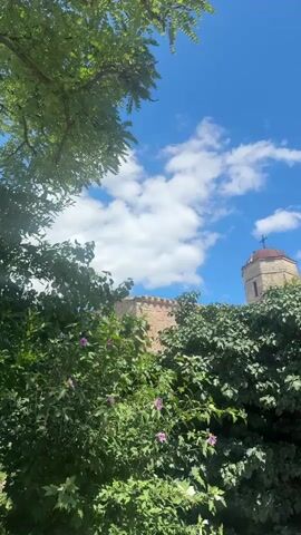 The video opens looking up at a bright blue sky dotted with white clouds. Lush green trees and bushes fill the foreground, with some pink flowers visible among the leaves. Peeking through the foliage is a stone structure with a red-domed tower topped by a cross, suggesting it is a church or similar building. The scene is peaceful and natural, with a slight breeze implied by the movement of the leaves.