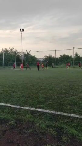 The video shows a group of children playing soccer on a field. Some of the children are wearing red shirts and shorts, while others are wearing yellow shirts and shorts. There are also a few adults present, some of whom appear to be coaches. The game is being played on a grassy field with a white boundary line. There are trees and a fence in the background. The sky is cloudy and the lighting suggests it is either early morning or late afternoon.