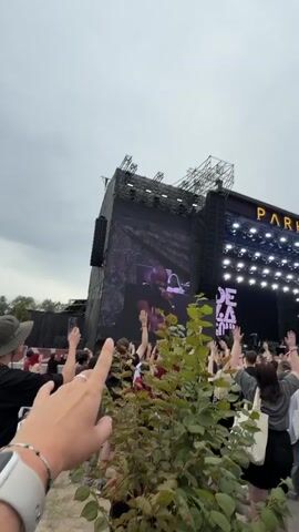 The video shows a concert crowd at an outdoor venue. A large stage with "PARK LIVE" displayed across it is visible in the background, along with massive screens showing abstract purple visuals and images of the performer. Many people in the crowd are holding up their hands and phones, seemingly recording or interacting with the performance. A person's hand is prominently in the foreground, with fingers pointing upwards. The sky is overcast. A plant with green leaves is obscuring part of the view in the lower right quadrant.