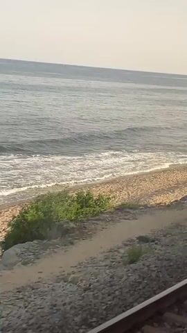 A wide shot shows a sandy beach with gentle waves lapping at the shore. The ocean stretches to the horizon under a hazy sky. In the foreground, train tracks run parallel to the beach, separated by a rocky embankment. A few people are visible on the sand. At timestamp 00:01, one person stands near a light blue umbrella. At 00:02, two people are seated under the umbrella, and another person stands near the water. At 00:03, the person near the water walks towards the ocean.