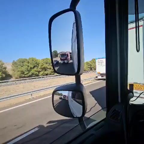 The video shows a view from the cab of a truck driving on a highway. Two mirrors, a large one above and a smaller one below, reflect the scene behind and to the side of the truck. In the larger mirror, a fire truck with "Zaragoza" written on its side is visible, as is another truck and cars behind it. In the smaller mirror, the road and other vehicles are reflected. The environment appears to be a sunny day with a clear blue sky and trees lining the highway. The truck is in motion, and traffic appears to be moderate.