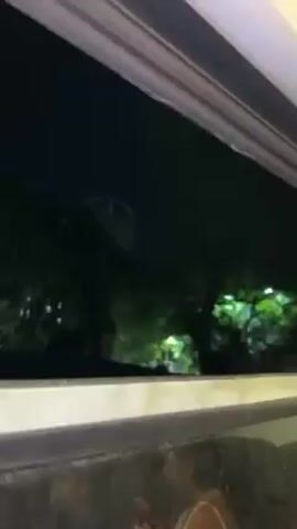 The video shows a view from inside a moving train at night, with the landscape visible through the window. The night sky is dark, punctuated by street lights and the silhouettes of trees passing by quickly. Reflections of people inside the train can be seen in the window. The train appears to be moving at a considerable speed, blurring the objects outside.