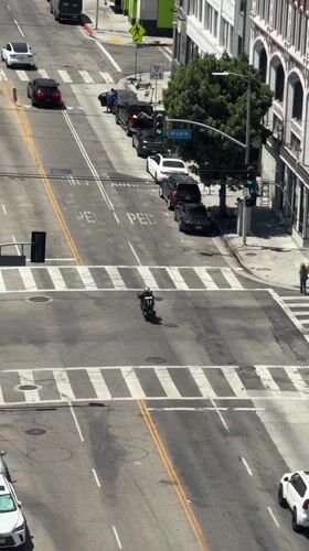 Aerial views of a busy Los Angeles street block