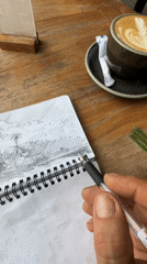 Sketching tropical scenes over a Caesar salad in Blahbatuh