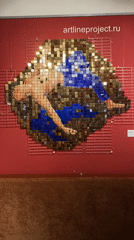 Moscow gallery visitor documents diverse artwork collection on red walls