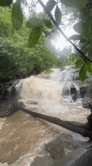 Powerful waterfall cascades through lush forest in Siyambalagoda, Sri Lanka