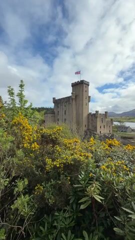 The video shows a stately castle with a flag on top of its tallest tower. Yellow flowering bushes in the foreground frame the castle and the vista behind it. In the distance is a body of water and gently sloped hills. The sky is blue with fluffy white clouds.