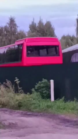 The video shows a bright red bus parked behind a dark green fence. There are trees and a cloudy sky in the background. A white structure is also visible to the right of the red bus. The camera pans slightly to the left, revealing more of the fence and some green foliage. The scene appears to be an outdoor area, possibly a residential or industrial location.