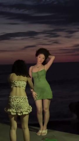 Two young women stand close to each other against a backdrop of a dark, cloudy sky. One woman, seen from behind, wears a tan and black animal print two-piece outfit, with a strapless top and a mini skirt with a ruffled hem. The other woman faces the camera, wearing a green mini dress with thin straps and small, light-colored platform sandals. The ocean stretches behind them, merging with the dark horizon.  The overall lighting suggests the scene is captured during dusk or a low-light environment, emphasizing the deep color tones of the sky.