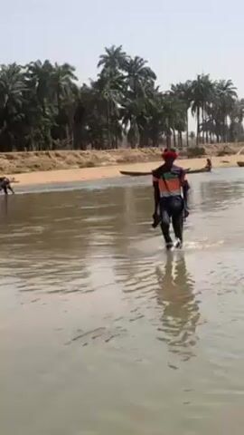 The video depicts a man wading through a river while holding a rifle. The water is murky brown.  The man is wearing dark pants and a colorful shirt with an orange patch, and a headband or eye covering. He is walking toward the far bank of the river. In the background, there are several people and canoes.  The riverbank is sandy and lined with palm trees and other vegetation. In later shots, a large herd of cattle is seen crossing the sandy bank by the river.  The weather appears sunny and clear.