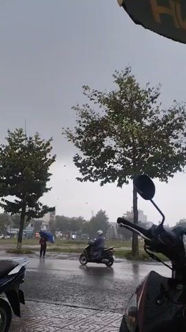 A rainy day scene unfolds with a gray sky and wet pavement. In the foreground, the handlebars and part of a dark-colored scooter are visible. Across the street, a person rides a scooter while holding a blue umbrella. Further down the street, another individual stands under a blue umbrella, facing away from the camera, amidst the rain. Trees with green foliage line the street, and buildings are visible in the background. The overall atmosphere is somber due to the inclement weather.