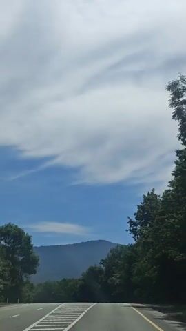 The video is an external shot from a moving vehicle, likely a car, looking forward. The perspective is from the driver's or passenger's seat. The road ahead is visible, with lane markings. On the right side of the road, there is a dense line of green trees. In the distance, there are mountains under a blue sky with white clouds. The sun is shining, casting shadows on the trees. The time stamps indicate the video lasts approximately four seconds.
