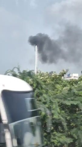 The video shows a plume of dark smoke rising from a facility in the distance. The smoke appears to be coming from a chimney or stack. In the foreground, there are trees and foliage. The sky is overcast. The camera appears to be moving, possibly from a vehicle. There are no people visible in the video.