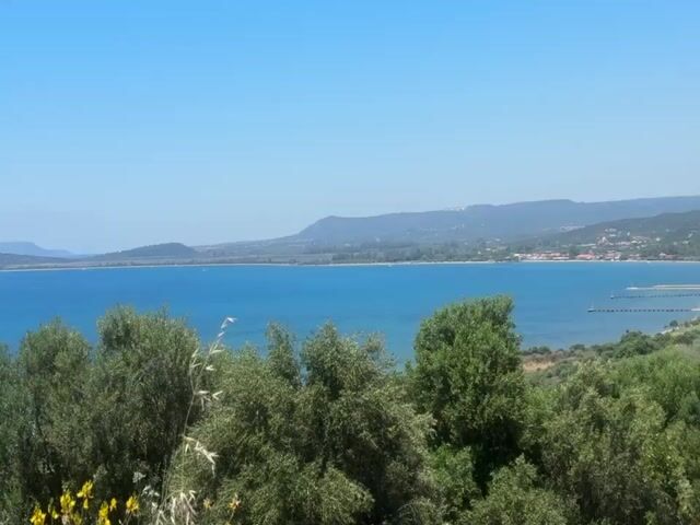 The video shows a beautiful view of a bay or a large body of water with clear blue water under a bright, clear blue sky. In the distance, there are several islands or land formations, creating a scenic backdrop. The foreground is dominated by lush green trees, adding depth and texture to the scene. Some of the trees appear to be olive trees, indicated by their characteristic foliage. The overall impression is one of tranquility and natural beauty.