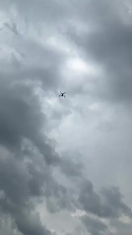 A drone is flying in the sky among clouds. A bird is also flying nearby. The drone and bird appear to be moving in the same direction.