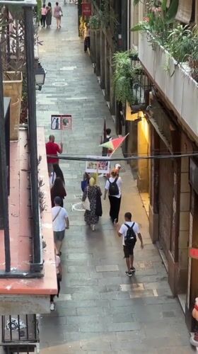 Flag-carrying group walks Barcelona's old town streets