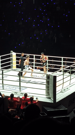 Kickboxing match underway in Bangkok ring with referee present