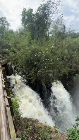 The video captures a cascading waterfall amidst a lush green forest. Two streams of white water rush down from a dark, rocky edge, creating a powerful display of nature's force. The surrounding trees are dense and vibrant, with sunlight filtering through their leaves. In the background, a bridge spans across a wider body of water, which appears to be a river. The sky above is partly cloudy, hinting at a mild day. A wooden walkway is visible on the left side of the frame, suggesting that this is a tourist spot or a designated viewing area. No people are clearly visible in the video, but the presence of the walkway implies human activity and access to this natural spectacle.