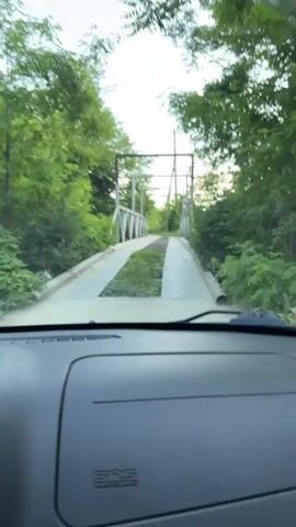 The video provides a first-person perspective from inside a vehicle, looking out through the windshield. The car's grey dashboard occupies the lower portion of the frame, with "SRS" visible on the passenger side. Ahead, a narrow, single-lane metal bridge stretches across a gap, flanked by dense green trees and lush foliage. The bridge features a visible lattice-like truss structure on its sides and appears to have two solid driving tracks with a central grated or open section on its deck. Faint power lines are visible across the sky above the bridge. The scene depicts a rural or wooded environment under clear daytime skies, possibly late afternoon or early evening. The car is moving forward, approaching the bridge. The overall impression is of driving down a less-traveled road in a verdant landscape, characteristic of a location like Shirokaya Schel, Russia.