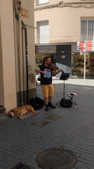 Street musician performs violin on alleyway in Rubí, Spain
