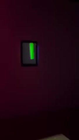 Here's a forensic description of the video:

The video shows a dimly lit, likely indoor space with a dark purplish or reddish wall. A framed display hangs on the wall, showing a vertical green line.  A person, silhouetted and indistinct due to the low light, walks briefly across the scene from right to left.  The video quality is somewhat grainy, and the lighting obscures details of the room beyond the wall and the framed display.  There is what appears to be the edge of a white table or surface in the very bottom of the frame.