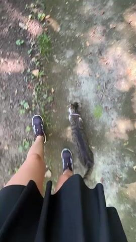 The video shows a person's legs and feet, wearing a black skirt and purple and black sneakers, walking on a dirt path. A tabby cat with a pink collar is walking just ahead of the person. The path is surrounded by dirt, leaves, and some green grass and plants. Sunlight filters through the trees, casting dappled shadows on the ground. The camera is positioned above and behind the person, looking down at the path and the cat. The video is shot in first-person perspective.