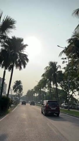 The video shows a view from a car driving on a road lined with palm trees. The sun is visible in the hazy sky. Several cars are driving on the road, and there are buildings and a Ferris wheel-like structure in the distance on the left side. The overall scene suggests a warm, possibly tropical environment.