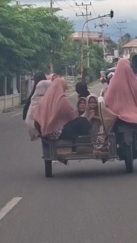 The video shows a sidecar motorcycle with multiple passengers traveling on a paved road. The motorcycle is black and has a sidecar attached to the right side. Inside the sidecar, there are at least five people, all wearing hijabs. One person is seated in the front of the sidecar, and at least four others are behind them. The person driving the motorcycle is mostly obscured, but appears to be wearing a pink hijab. The motorcycle is moving from left to right in the frame. The environment appears to be urban or suburban, with trees, buildings, and utility poles visible in the background. The sky is overcast. The road has a white line marking the lane. There is another motorcycle in the background to the right, also with a rider.