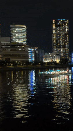 Illuminated boat crosses Tokyo waterway at night