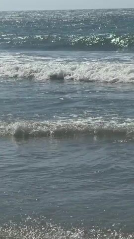 This media file captures a serene ocean scene, likely at Myrtle Beach, United States of America, with gentle waves rolling onto the shore under a bright, possibly midday, sky. The weather appears clear and sunny, contributing to the calm atmosphere.

The primary subject is the ocean itself, with multiple lines of waves in various stages of breaking, creating white foam and splashes. In the foreground, the shallow water laps at a sandy beach, suggesting the water is relatively calm. In the mid-ground, a person is visible wading in the water. They appear to be a man wearing light blue swim trunks. He is seen from the waist down, with his body partially submerged in the water. His pose suggests he might be moving through the water or adjusting his clothing.

Further in the distance, beyond the waves and the individual, a large structure, possibly a pier or an offshore construction site, is visible. This industrial element contrasts with the natural beauty of the beach and ocean, hinting at human activity in the area. The scene evokes a sense of relaxation and enjoyment of a typical beach day. There is no visible text in the media file.