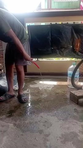 A person is leaning over a fish tank, holding a red-tipped hose that is dispensing water onto the wet concrete floor. The person is wearing a green t-shirt and grey shorts, with sandals on their feet. To the left of the fish tank, there is a bucket and a plastic bag. Behind the person, there is a partially visible bicycle wheel and a plastic water bottle. The background appears to be an outdoor area with a railing and some vegetation. The lighting suggests it is daytime.