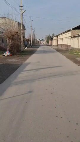 The video shows a straight, paved road in a rural or suburban environment. On either side of the road are buildings, some of which appear to be houses or sheds, and bare trees without leaves. Utility poles with power lines run along the side of the road, casting shadows on the pavement. The sky is visible at the end of the road and is mostly clear. The light suggests it is daytime. There is no traffic or pedestrian movement. The video is taken from a perspective that seems to be moving forward along the road, possibly filmed while walking or from a slow-moving vehicle. The overall scene is quiet and still.