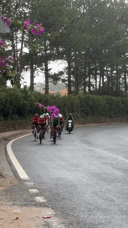 Cycling group rides through Da Lat's wet streets past ornate buildings