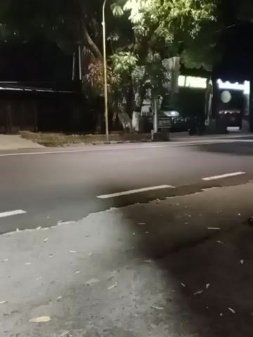 A short video shows a street scene at night. A street light illuminates a tree and the surrounding area. A road with white markings runs through the center of the frame. A dark shadow is cast across the road. In the background, there are buildings and a vehicle. The overall impression is one of a quiet, urban environment at night.