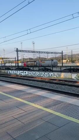 A train is seen approaching and passing a station platform. The train is white with purple and orange stripes along its side. The sun is casting long shadows from the trees onto the platform and the train. The train is moving from left to right in the frame.