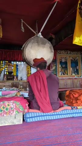 A person dressed in a maroon robe and an orange sash sits facing away from the camera, meditating in front of a large drum. The drum hangs from the ceiling by ropes and is suspended above a table covered with various items. The setting appears to be a temple or monastery, with red and yellow banners visible, and a shrine with framed images in the background. The person is seated on a blue and pink cushion on a red carpet. The video is short and primarily focuses on the stillness of the meditation practice.