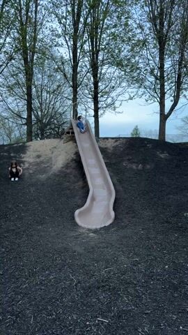 A young child is sliding down a tan slide at a playground, while a younger child watches from the ground near the slide. The playground is on a hill with a mulch surface. Tall trees line the background. The first child is wearing a white shirt and blue jeans. The second child is wearing a light-colored shirt and black pants. The sky is overcast. The first child is sliding head first and screaming.