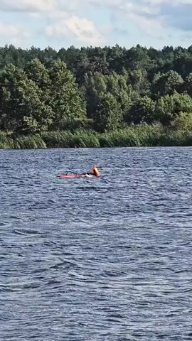A person wearing an orange life vest is on a red inflatable object in a body of water. The person is partially submerged in the water and appears to be in distress. The water is choppy and there is a wooded shoreline in the background under a cloudy sky.