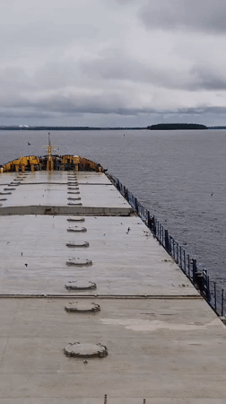 Cargo ship deck observed from elevated position in Russia