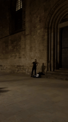 Street musician performs violin outside Barcelona stone building