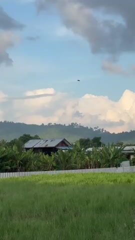 The video shows a rural landscape with a cloudy sky. In the foreground, there is a lush green field, possibly a rice paddy. Behind the field, there is a white fence and a row of tropical trees, including banana trees. A house with a metal roof is partially visible behind the trees. In the background, there are rolling hills covered in vegetation. A bird is seen flying in the sky. Further to the right, a multi-story building with a white facade and brown trim can be seen. The building has several windows and balconies, and appears to be a hotel or inn, as indicated by a sign that reads "THE IZZROOM MOTEL." Another sign with the text "HUDA INN" is visible on the building. The overall impression is one of a tranquil, tropical setting.