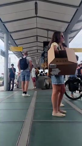 The video shows people standing on a train platform under a covered roof. Several individuals are visible, including a woman in a dark dress with headphones and a red suitcase, a man in a grey shirt and blue pants with a backpack, and a woman in black with a handbag. A bicycle is also present on the platform, leaning against something. In the background, a train is visible at the station. The platform appears to be made of concrete with some illuminated glass panels. The sky is overcast. People are standing and waiting, suggesting they are about to board or have just disembarked from a train. One person is holding a cardboard box.