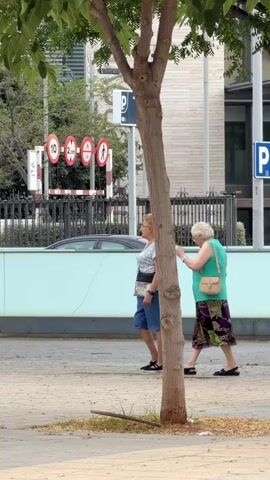 This media file captures a casual street scene in Castelló De La Plana, Spain. Three elderly women are walking along a paved sidewalk, with a tree in the foreground partially obscuring the view. The women are dressed in summer clothing, suggesting a warm day.

The woman in the foreground, on the left, wears a blue and white patterned top and denim shorts, carrying a black purse. The second woman, in the middle, is dressed in a light blue patterned shirt and dark blue shorts. The third woman, on the right, is wearing a vibrantly colored, patterned dress and is carrying a dark clutch. The women appear to be engaged in conversation or simply walking together. Their posture and expressions suggest a relaxed atmosphere.

In the background, there are traffic signs indicating speed limits and prohibitions, including a "10" and a "2.5m" sign, as well as signs prohibiting bicycles and pedestrians in certain areas. A parking sign with a "P" is also visible. A dark colored car is parked or driving behind a black metal fence. A light blue wall runs along the sidewalk, separating it from the area behind. The architecture in the background appears to be modern. The presence of sunlight and shadows indicates it is likely daytime, possibly late morning or afternoon.