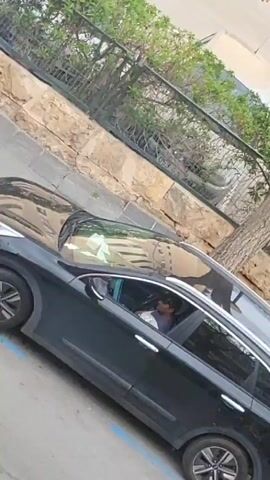 The video shows a black Kia Niro parked on the side of the road. A person is seated in the driver's seat. The car is angled on the road, with the front of the car pointing toward the right side of the frame.  The street is adjacent to a retaining wall covered with greenery. A metal fence is visible along the top of the wall. The video is shot at a slight angle from the ground, looking up at the car.