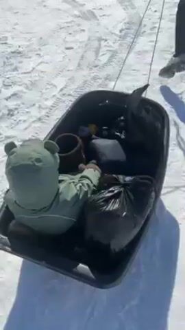 A person is pulling a black plastic sled across a snow-covered ground. The sled contains a child wearing a green hooded outfit with bear ears, a brown planter, a black pillow, and two black plastic trash bags. The person pulling the sled is wearing dark pants and a dark jacket. The snow-covered ground appears to be a path between houses, with some of the houses visible in the background.  The sky is bright and sunny.