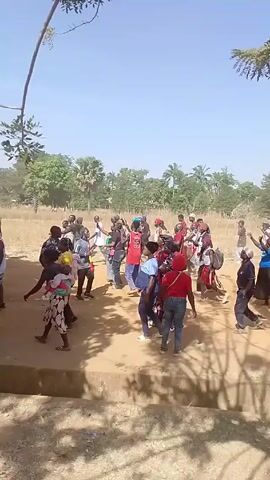 A large group of people are gathered in a dry, dusty field under a bright, sunny sky.  Most of the people are dressed in brightly colored clothing, with many wearing red or white head coverings. They are dancing and moving around, some with their arms raised.  A few trees and shrubs dot the background. In the foreground is a low concrete structure, casting shadows on the ground. A tree branch appears in the upper left corner of the frame. There is a sense of energy and celebration in the air.