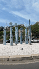Drone captures abstract sculptures at Tbilisi roundabout